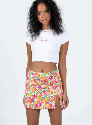 Celtis Mini Skirt Rainbow Floral Faux Leather Outfit Focus