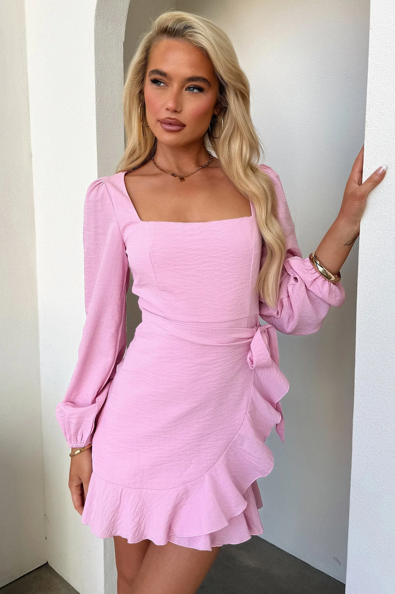 Silvana Long Sleeve Wrap Mini Dress - Pink Ruched Bodice Structure Party Fresh