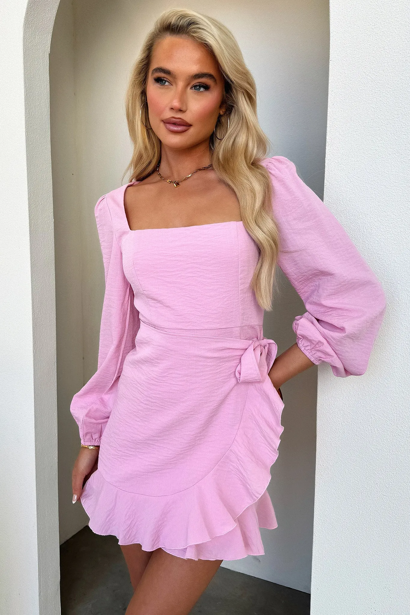 Silvana Long Sleeve Wrap Mini Dress - Pink Comfy chic Shine Rush