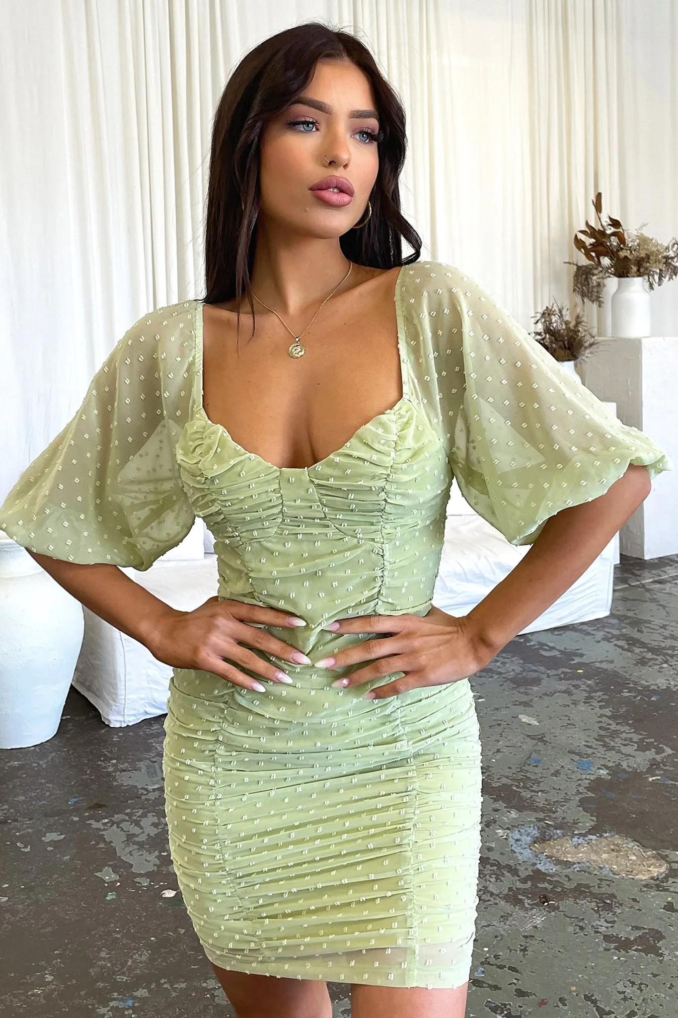 Stacey Dress - Green Convertible Straps Shine Light