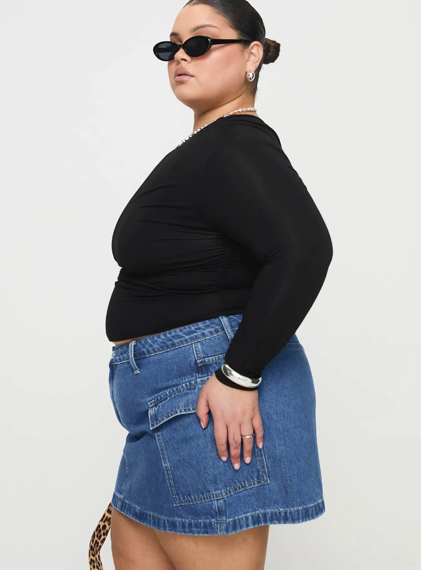 Zakai Cargo Denim Mini Skirt Mid Blue Curve Wrap style Bold Accent