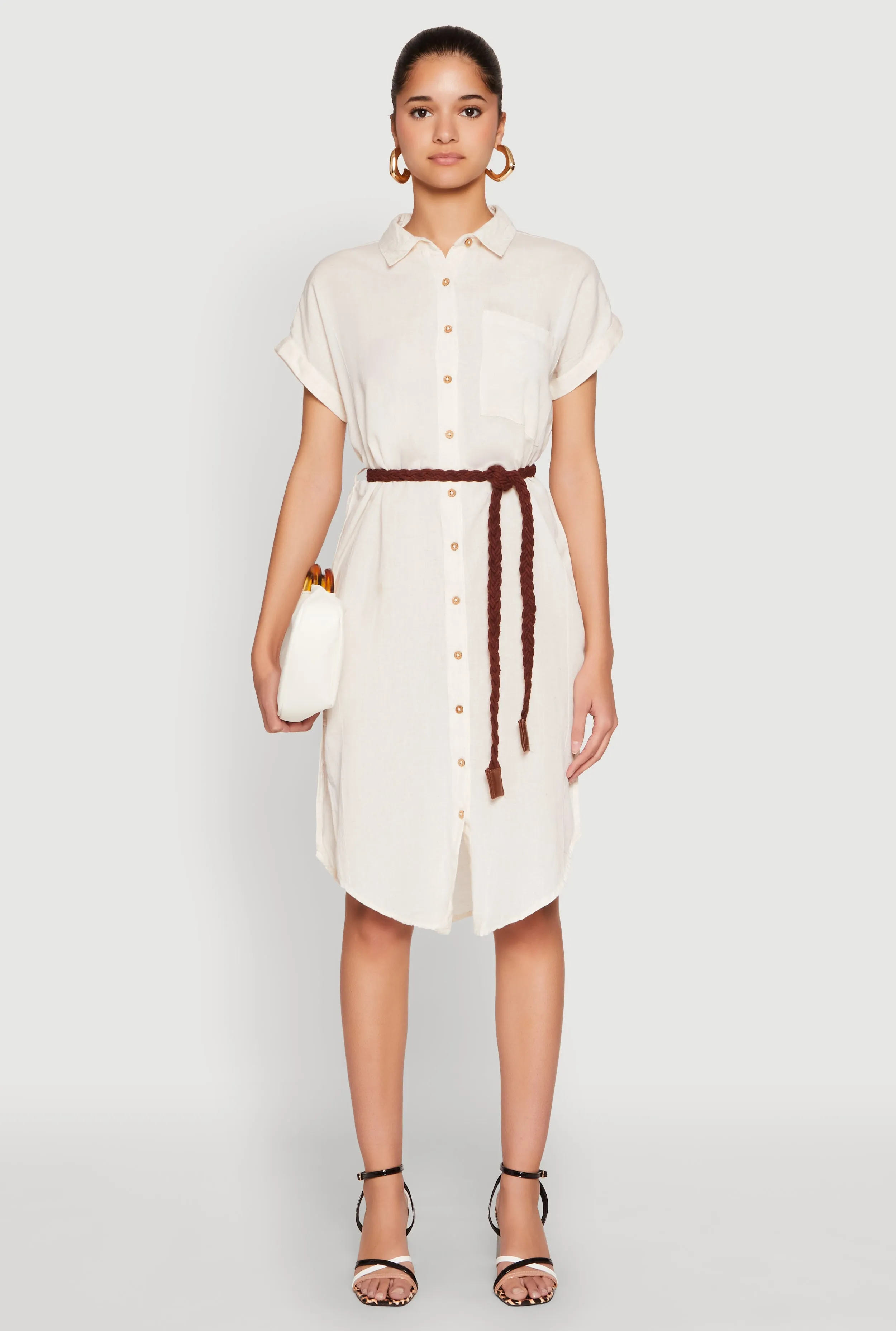 Relaxed Comfort Linen Cap Sleeve Button Front Shirt Dress