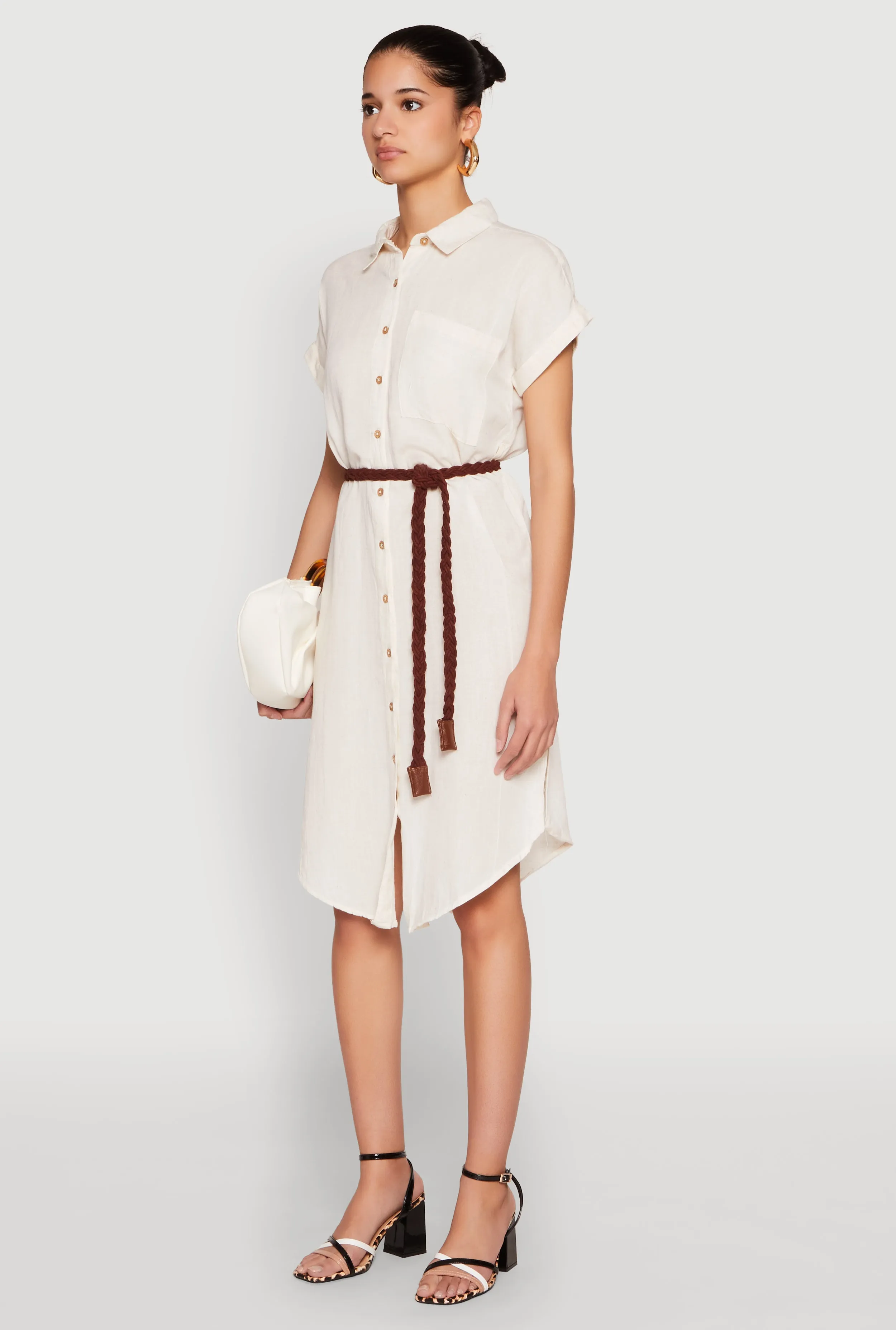 Linen Cap Sleeve Button Front Shirt Dress Relaxed Appearance