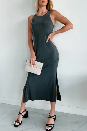 Comfortable casual midi Sleek Silhouette Chances Are Ribbed Tank Midi Dress (Charcoal)
