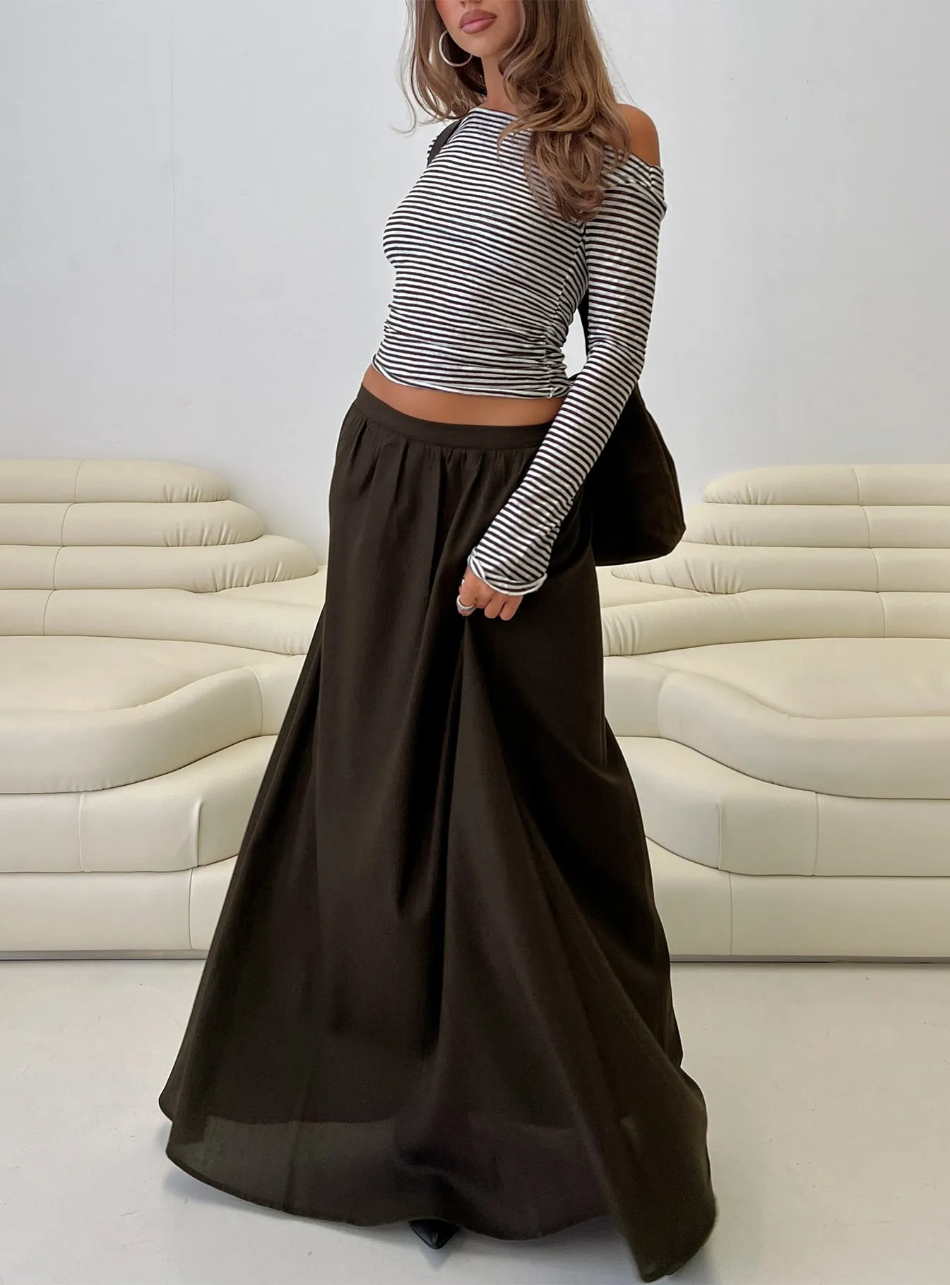 Street Look Low Impact Dye Hallee Maxi Skirt Brown
