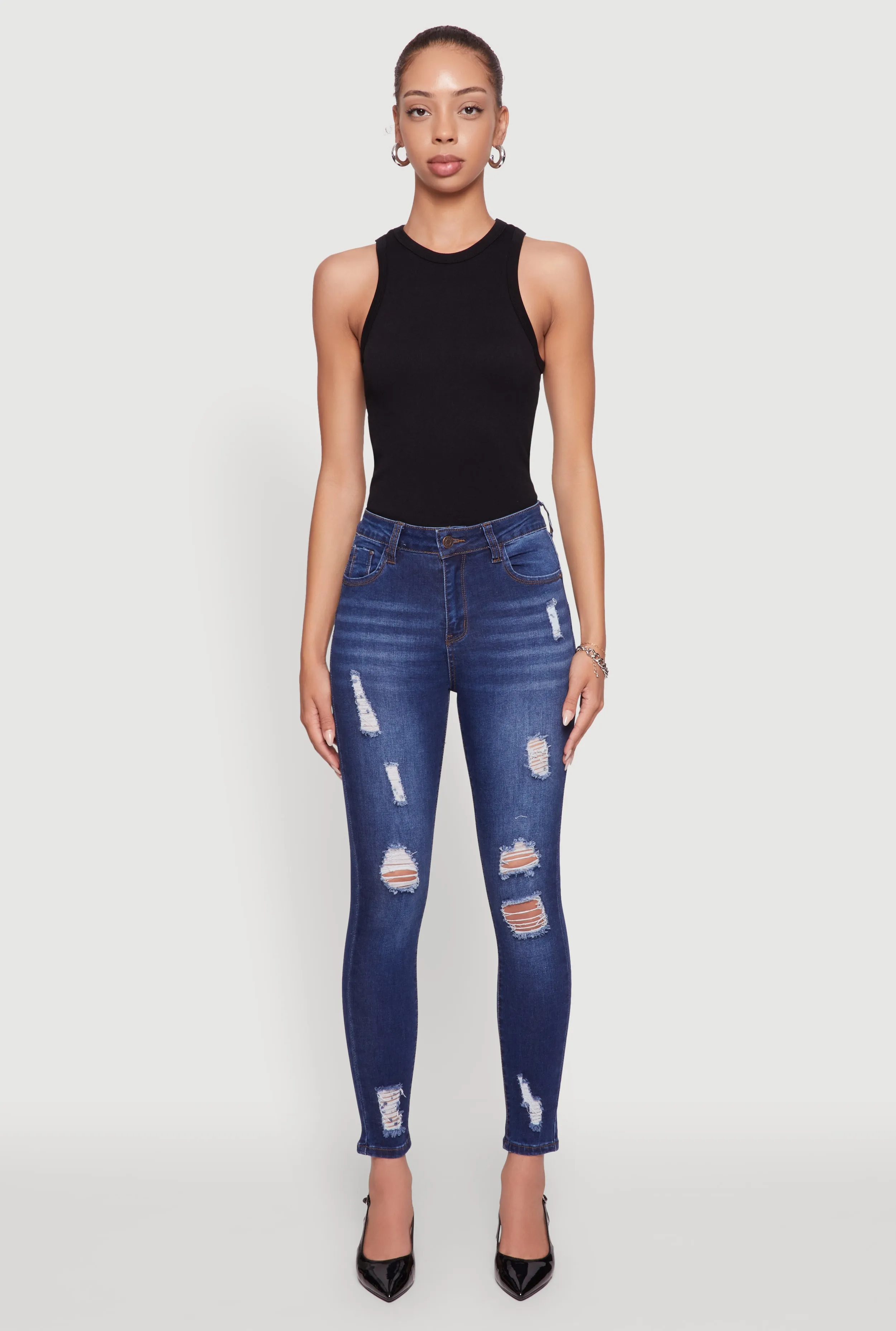 WAX Distressed Frayed Skinny Jeans Four Way Stretch Fabric Sustainable Creative Look
