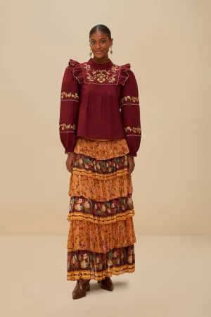 Colorful Birds Camel Ruffles Midi Skirt Cozy Outfit Fashion Forward