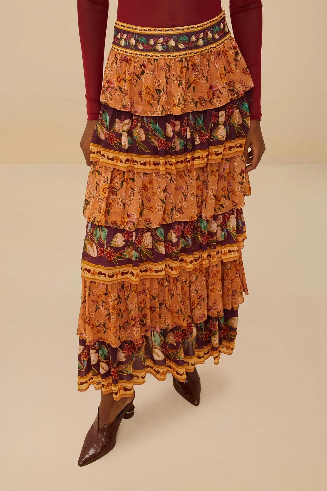 Mid Length Quilted Texture Colorful Birds Camel Ruffles Midi Skirt