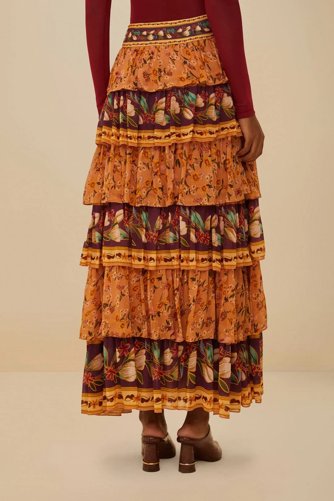 Colorful Birds Camel Ruffles Midi Skirt Hidden pockets Gentle Vibe