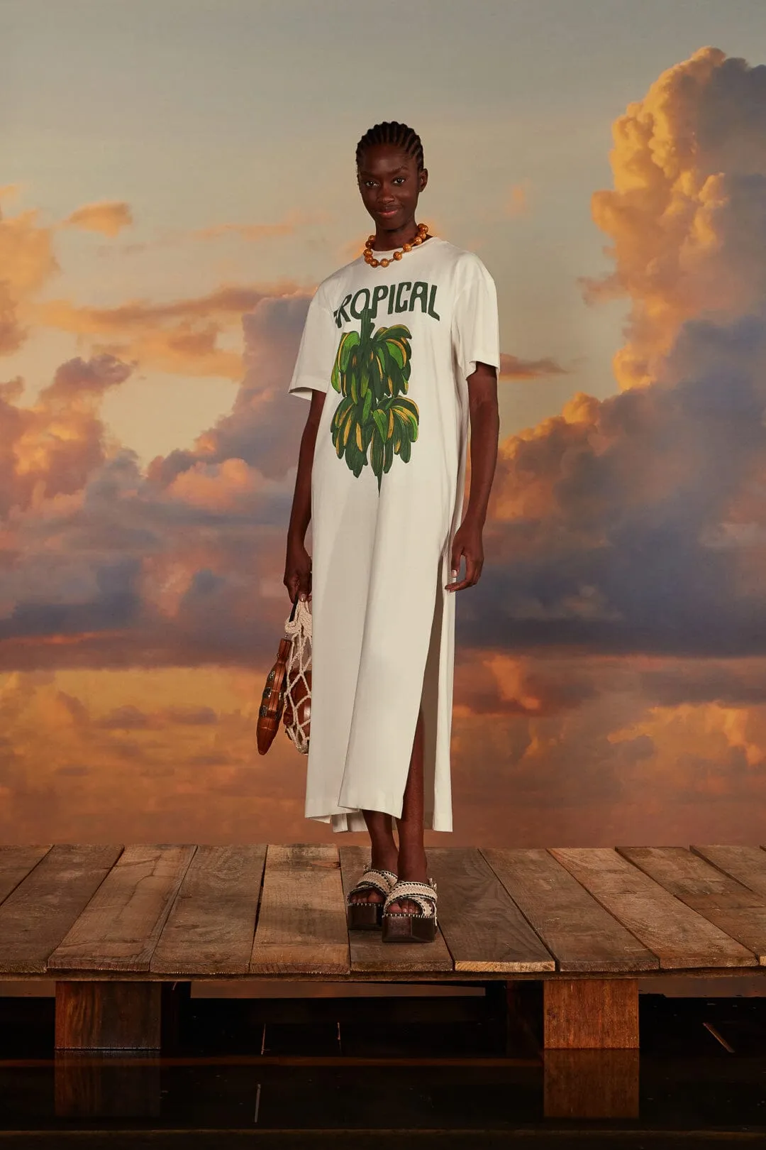 Shoot Mood FourWayStretch Off-White Tropical Organic Cotton T-Shirt Dress