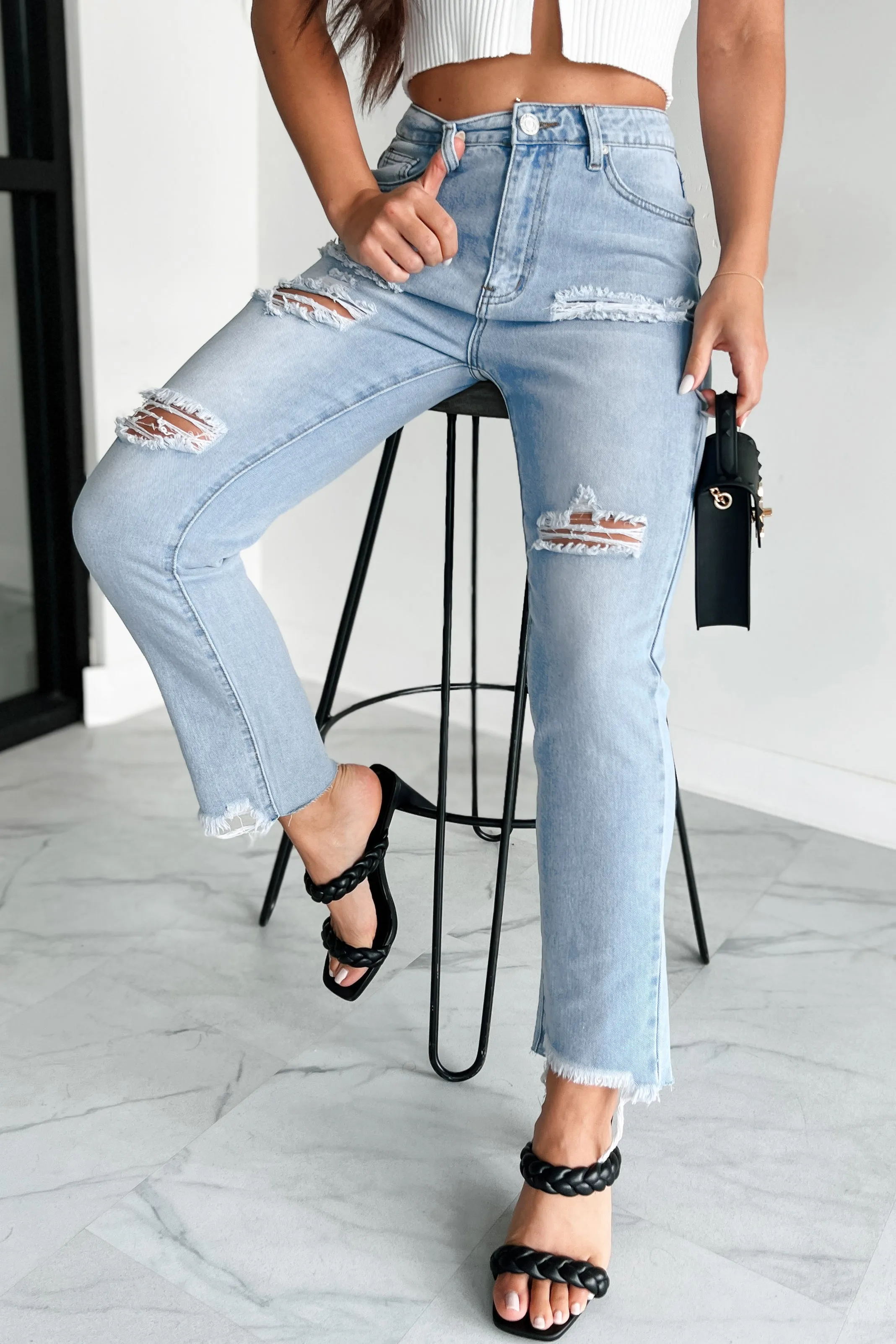 Abrasion Resistant Denim Clean Lines Boone High Rise Distressed Mom Jeans (Light Denim)