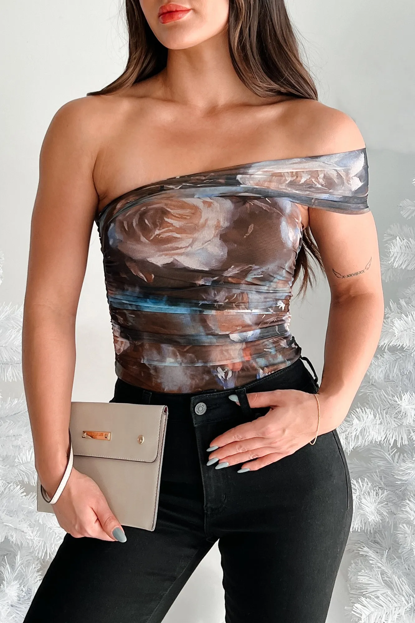 Soft Elegant Sporty Home Maven Asymmetric Floral Mesh Bodysuit (Brown Multi)
