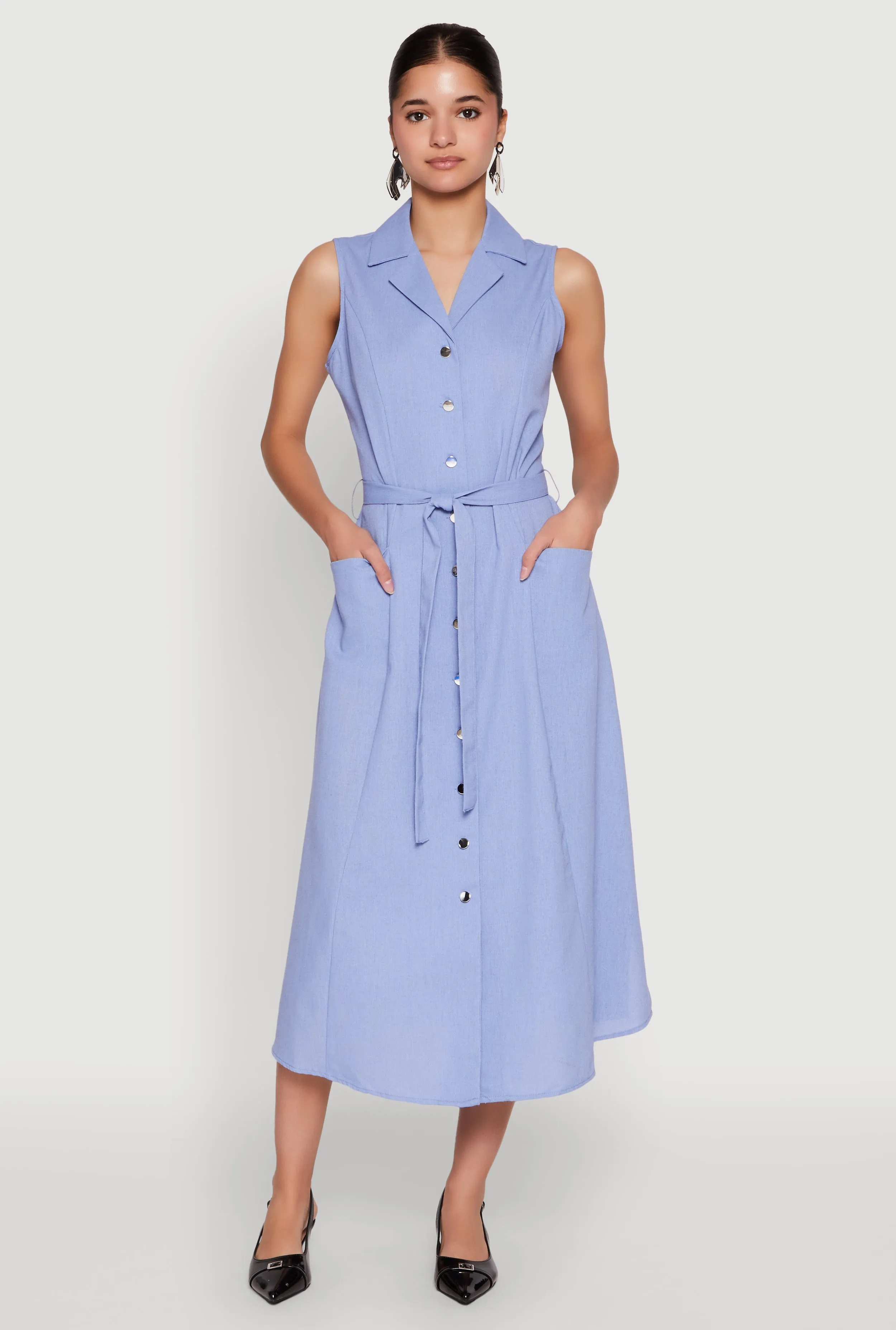 Lapel Collar Tie Waist Belted Midi Dress Summer Picnic Shine Spot