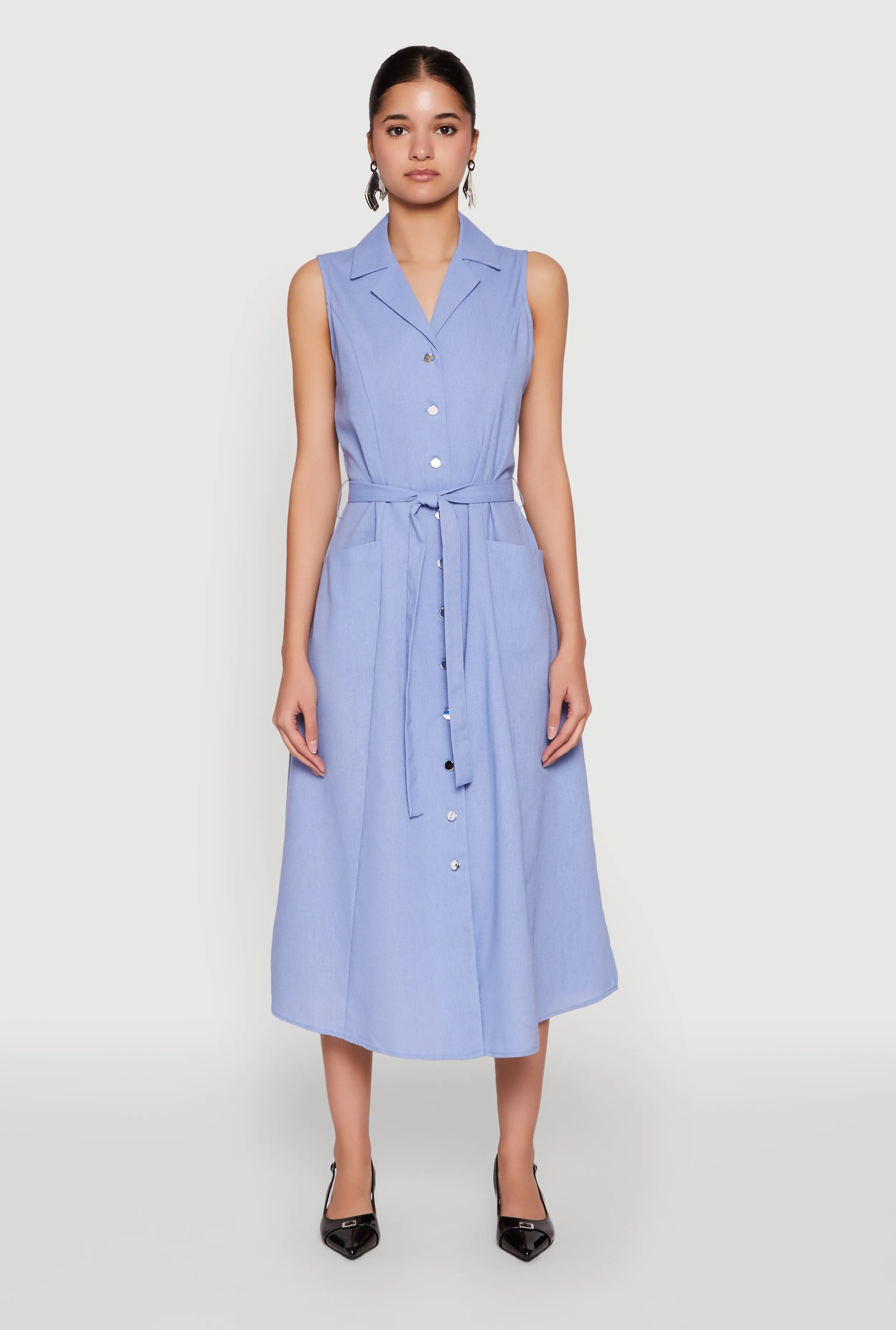 Lapel Collar Tie Waist Belted Midi Dress Modern Comfort Classic silhouette dress