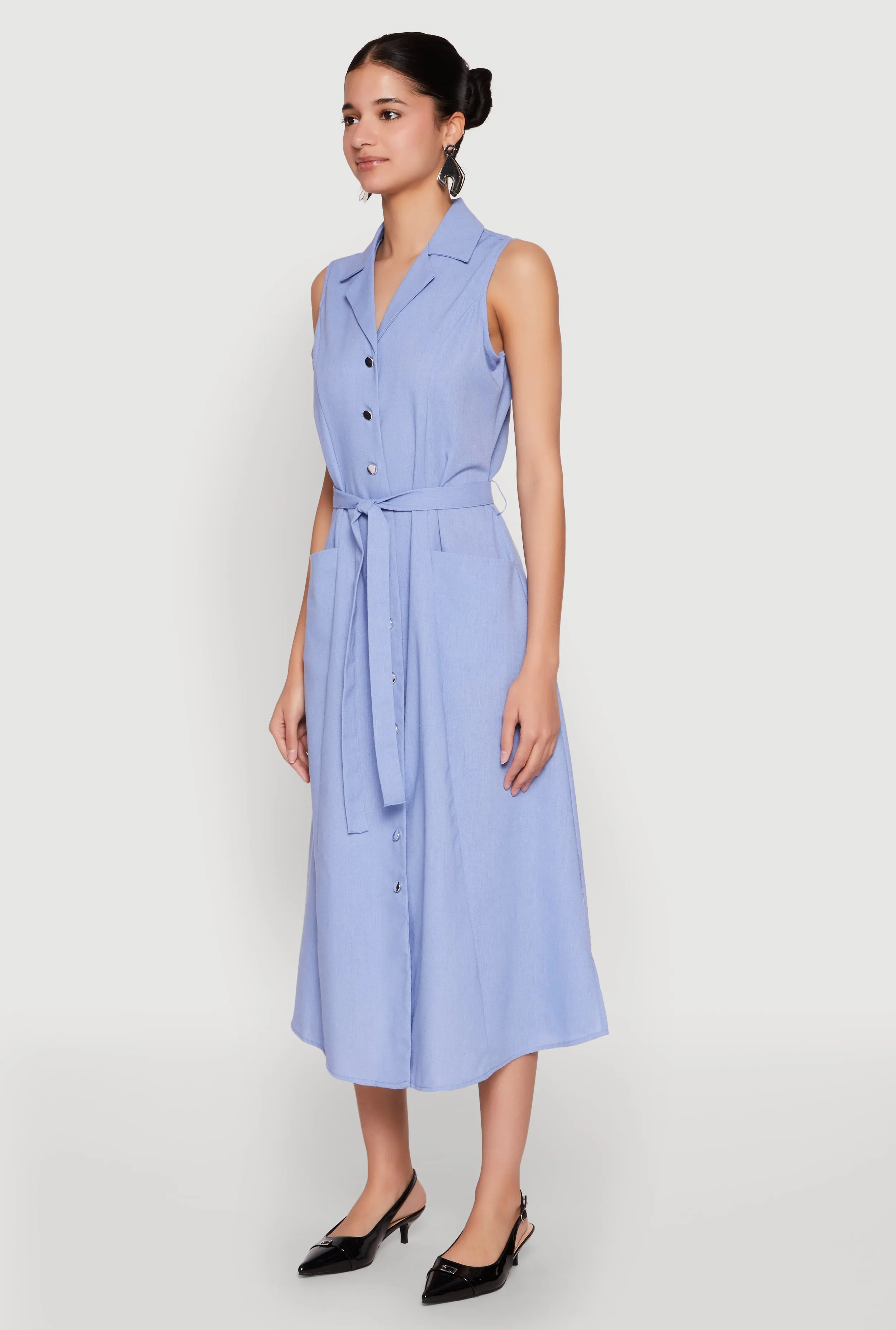 Classy Appearance Soft Rebellion Lapel Collar Tie Waist Belted Midi Dress