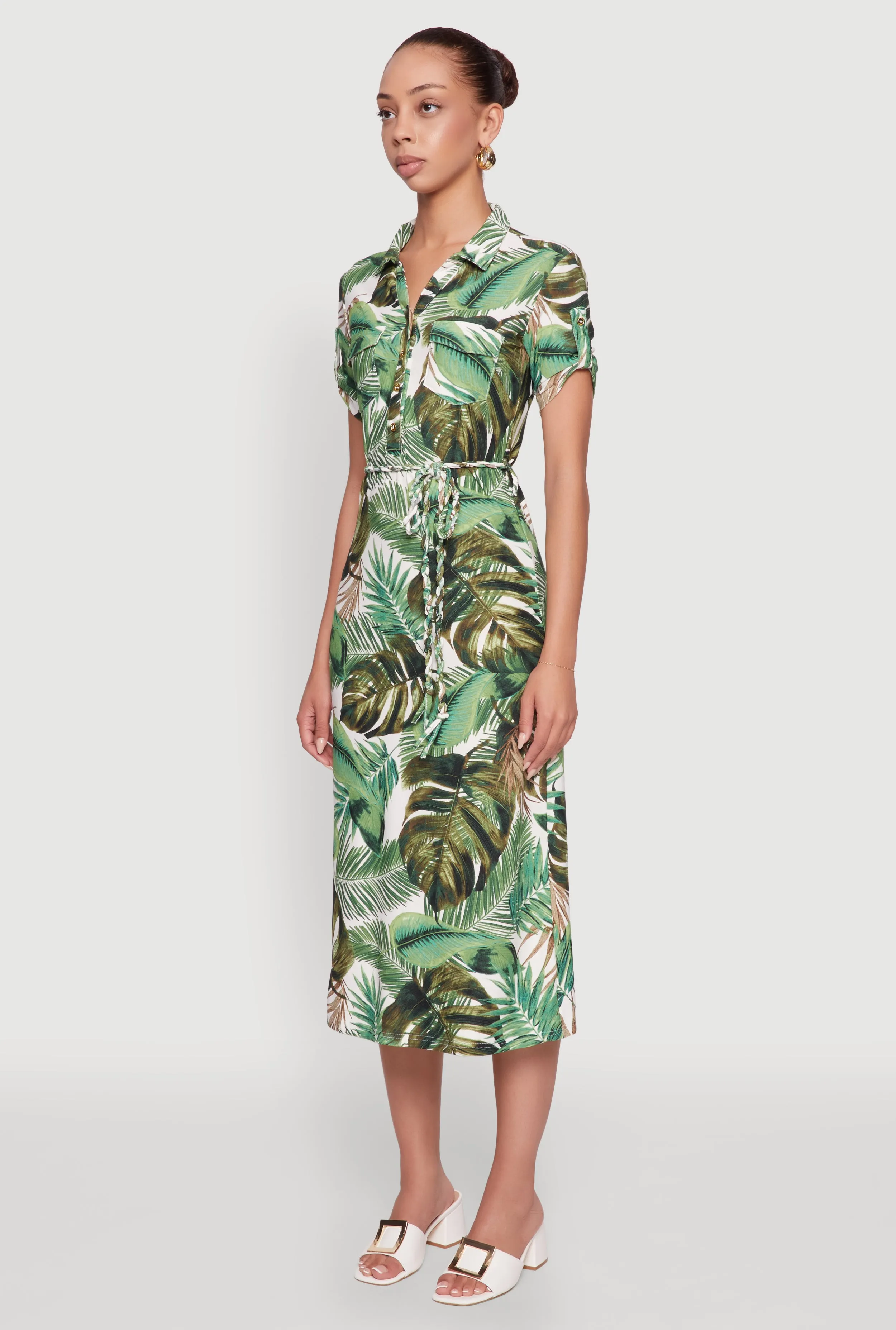 Tropical Leaf Tie Waist Belted Half Button Front Shirt Dress Lightweight fabric midi All-Season Style