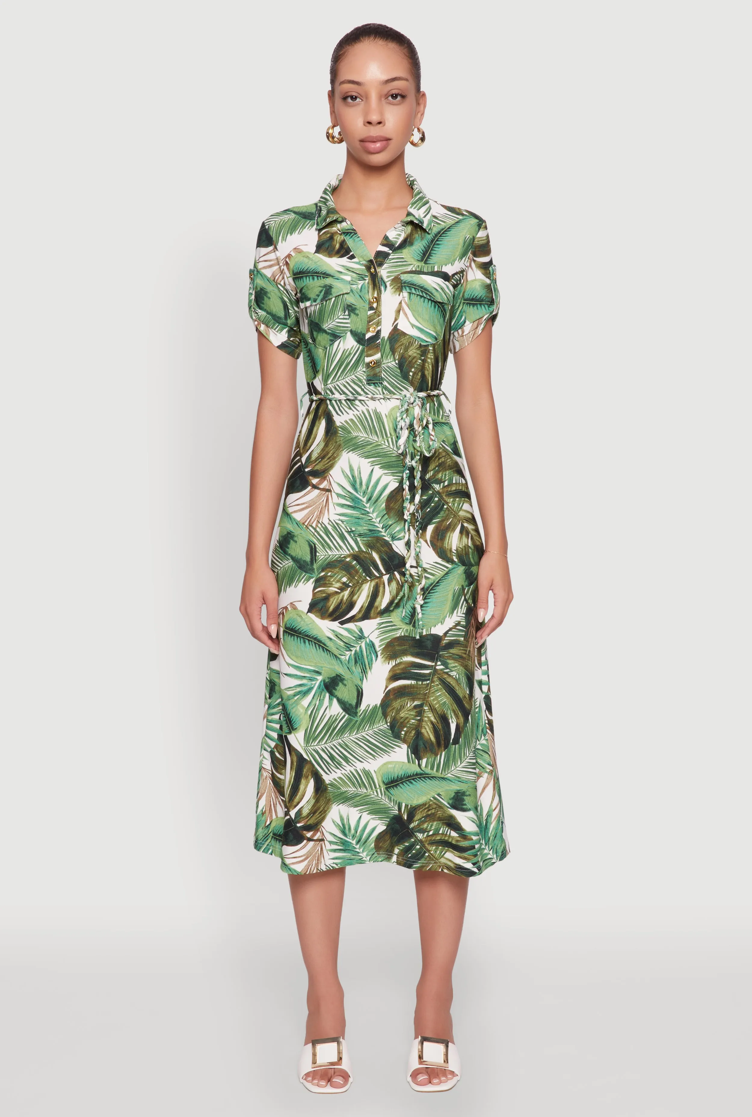 Sleek And Stylish Tropical Leaf Tie Waist Belted Half Button Front Shirt Dress