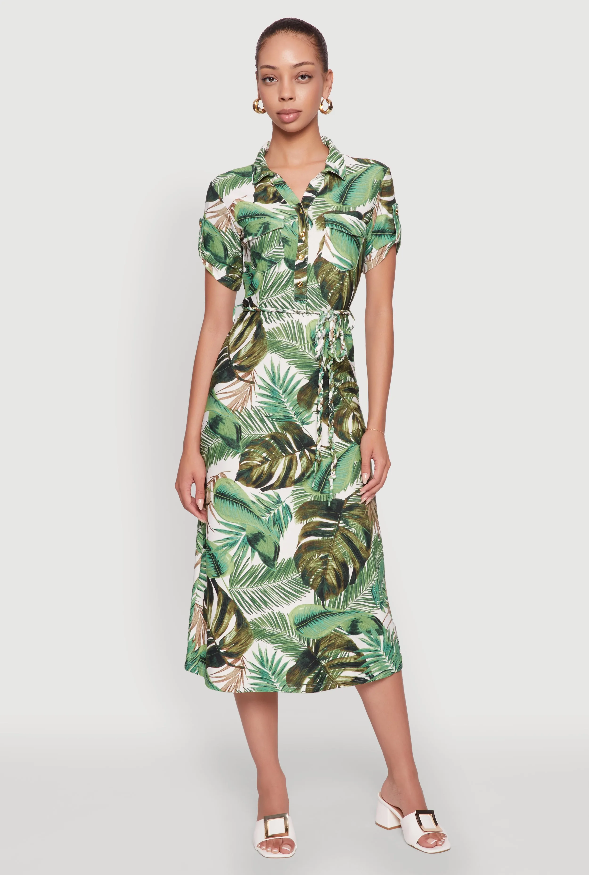Mist Valley Tropical Leaf Tie Waist Belted Half Button Front Shirt Dress