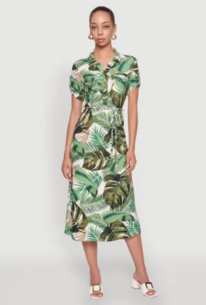 Mist Valley Tropical Leaf Tie Waist Belted Half Button Front Shirt Dress