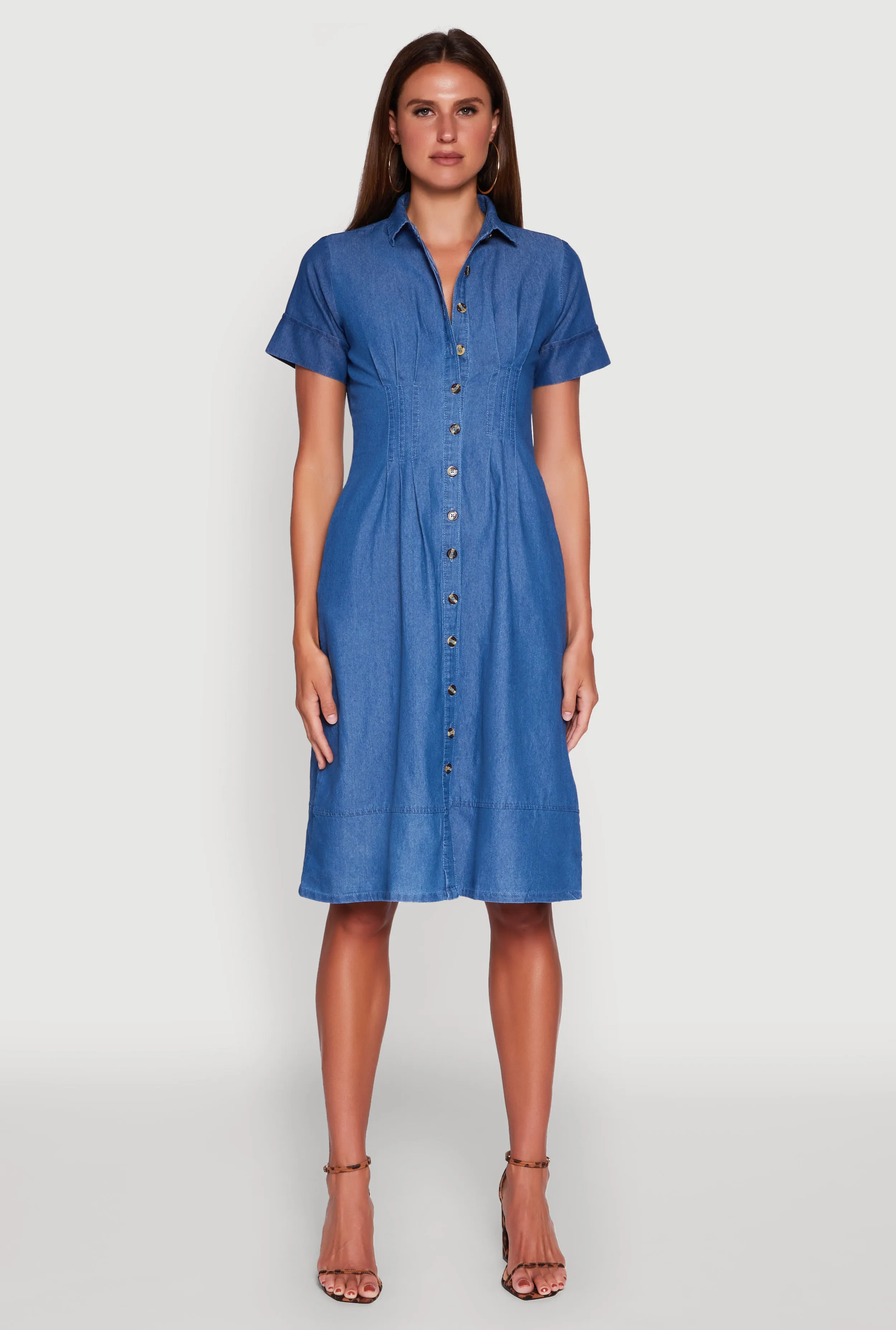 Denim Button Front Midi Shirt Dress Elegant fit-and-flare dress Comfortable Style