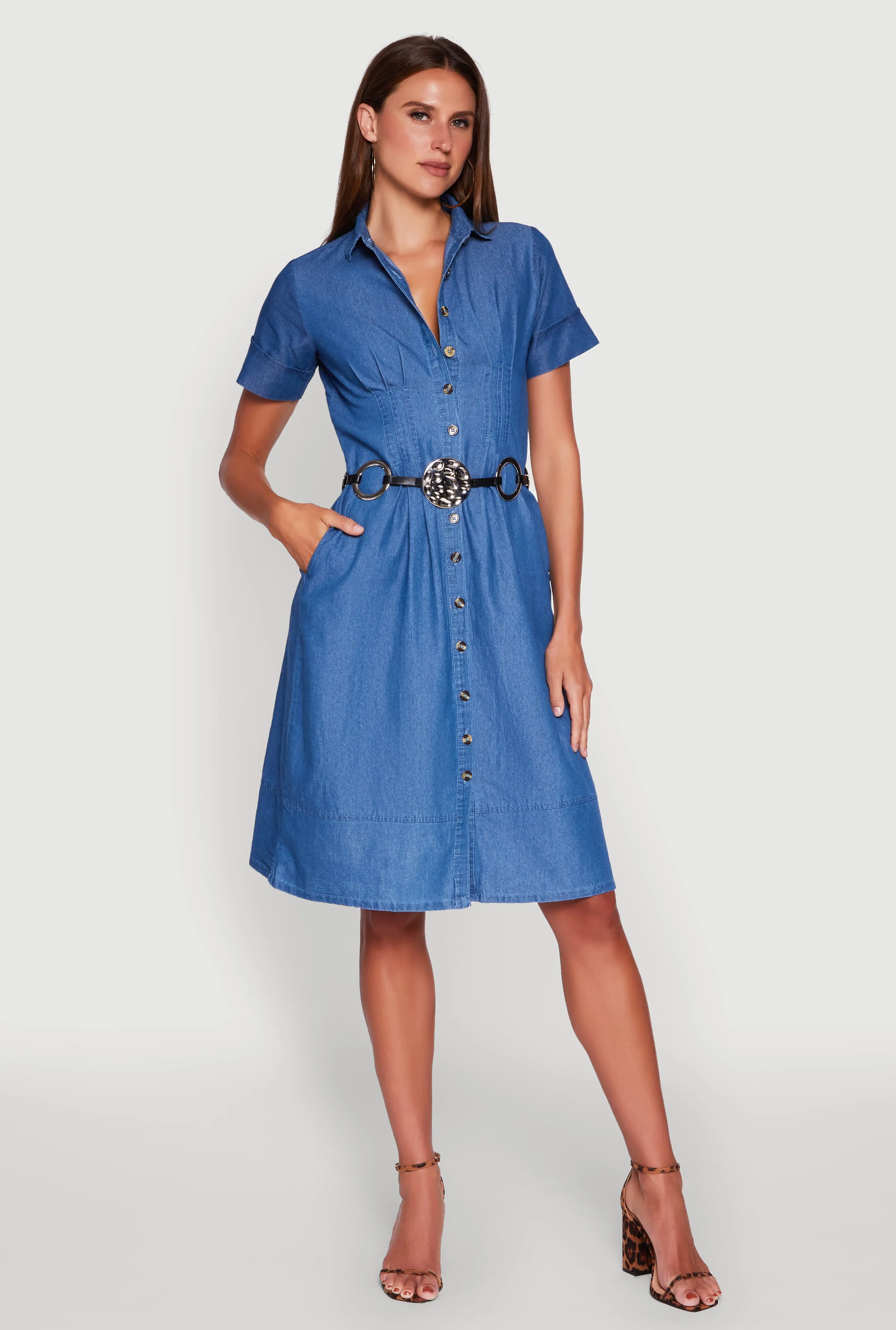 Denim Button Front Midi Shirt Dress Street Minimal Brass Light