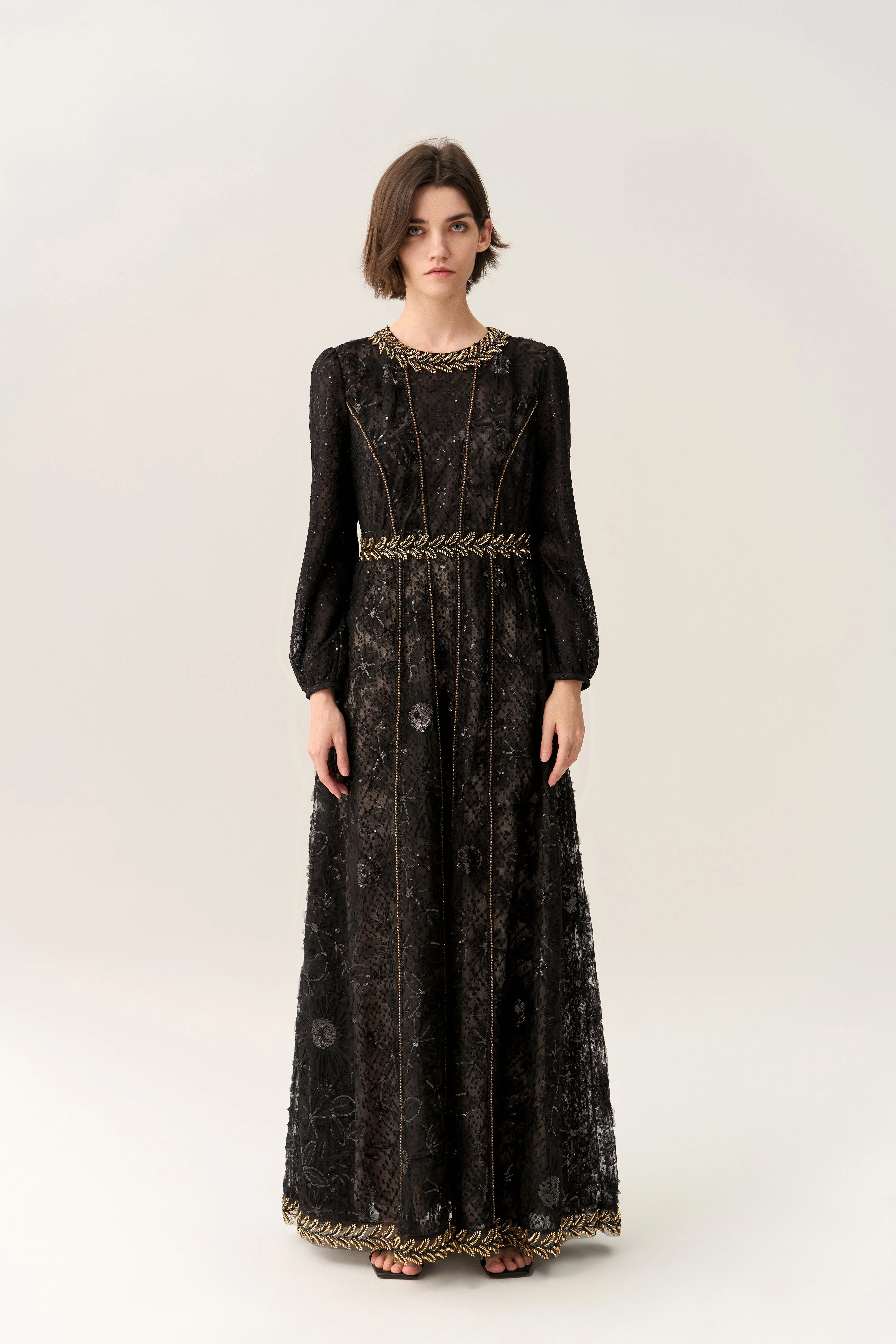 Active Ease FlatlockSeaming Prestige Sequined Puff-sleeve Bead-detail Lace Gown