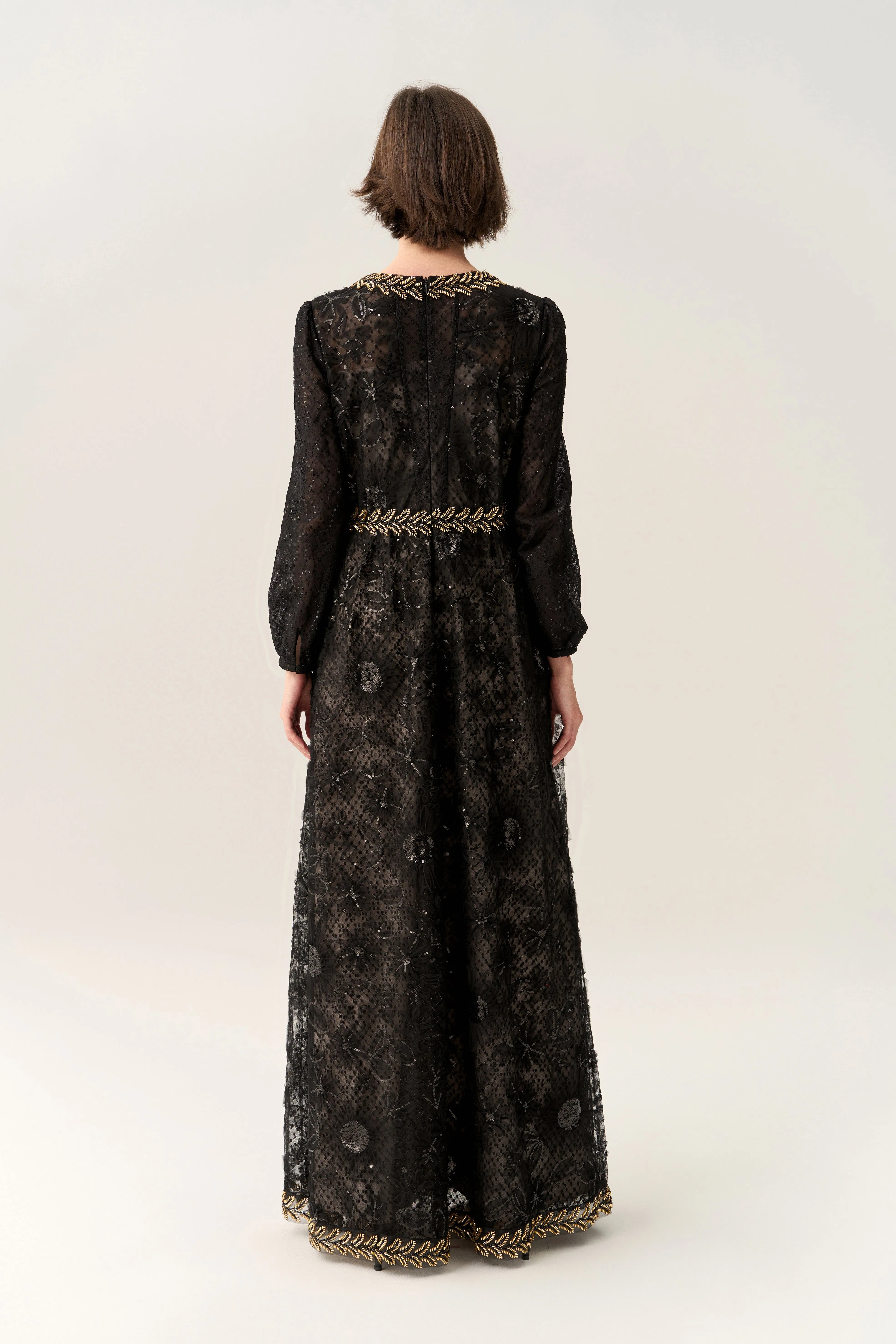 Prestige Sequined Puff-sleeve Bead-detail Lace Gown Digital Glow Suede Mood