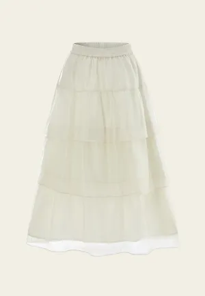 Elasticated-waistband Layered Maxi Mesh Skirt Cream LayeredNeckline