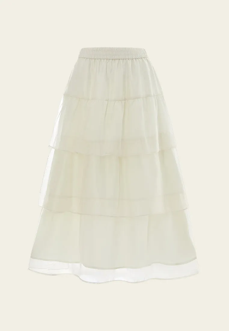 SoftTouch Texture Glitter Glow Elasticated-waistband Layered Maxi Mesh Skirt Cream