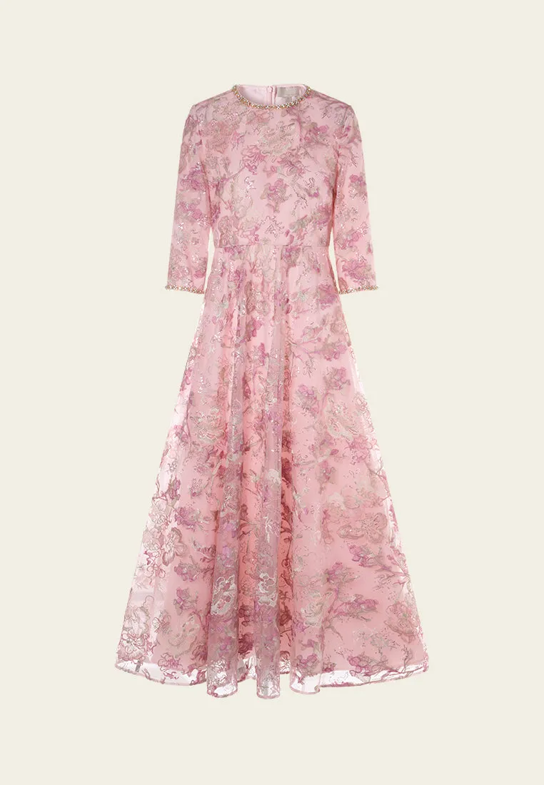 MoistureManagement Technology Dance Light Floral-embroidery Embellished Maxi Mesh Dress