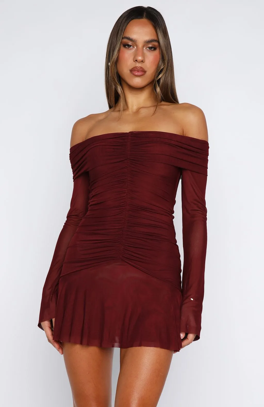 SnagResistant Weave NonIrritating Dreaming Of Yesterday Long Sleeve Mini Dress Burgundy