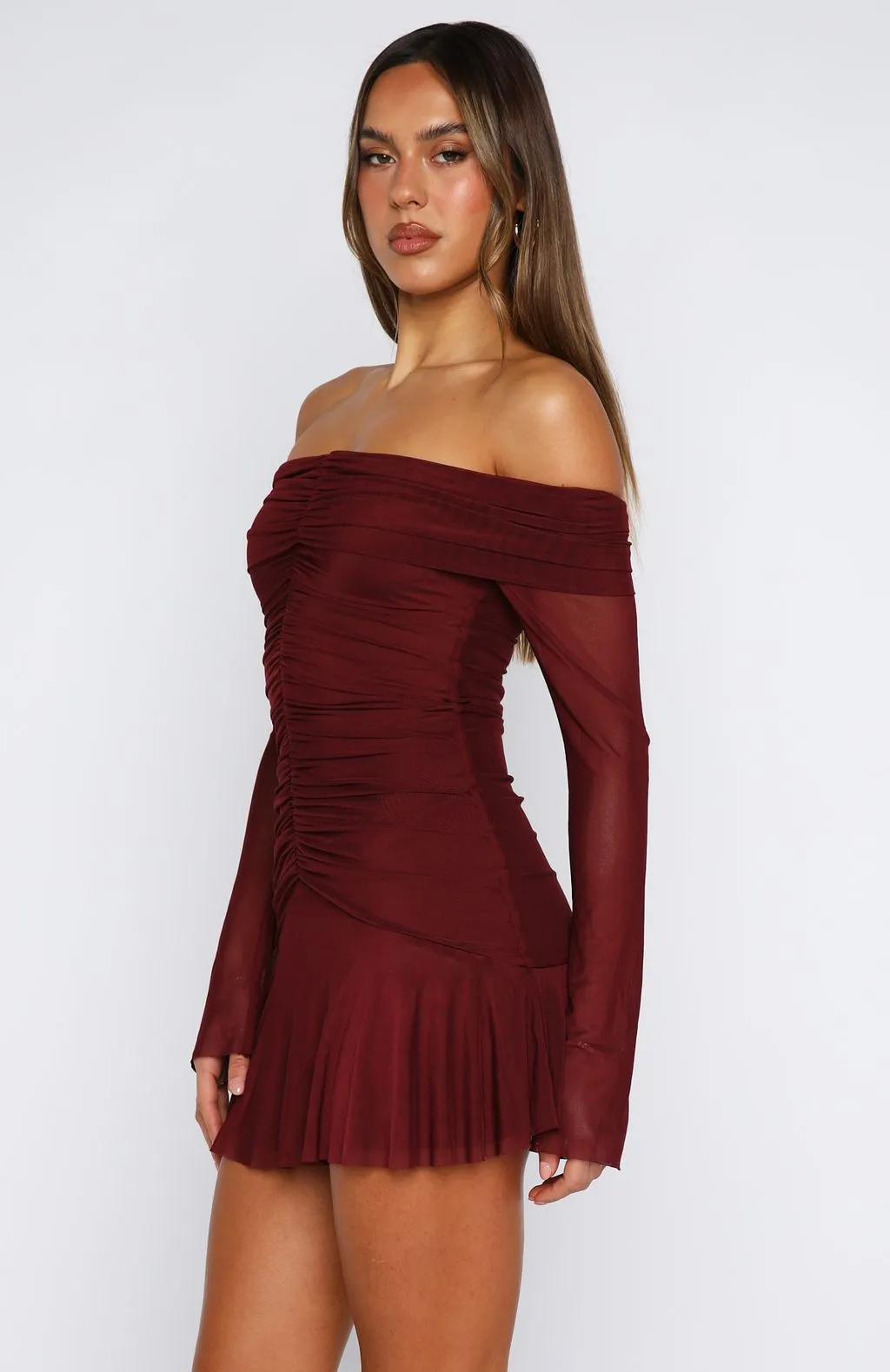 Colorfast Technology Water Soul Dreaming Of Yesterday Long Sleeve Mini Dress Burgundy