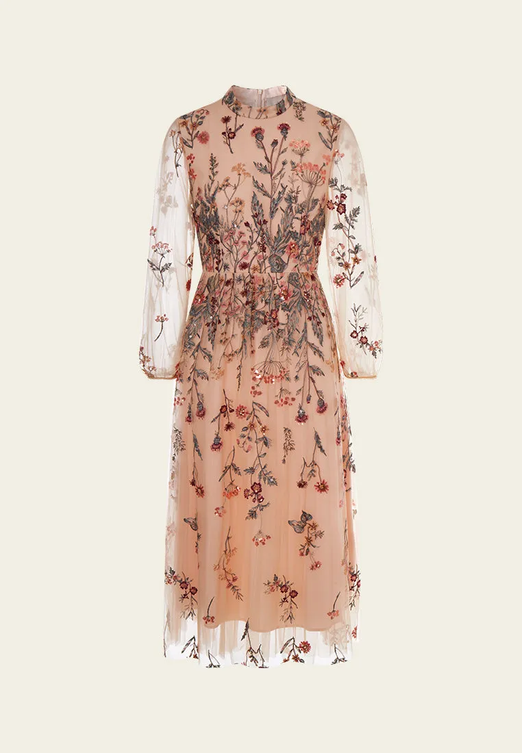 Fantasy Forest Embroidered Mesh Dress HighNeckStyle