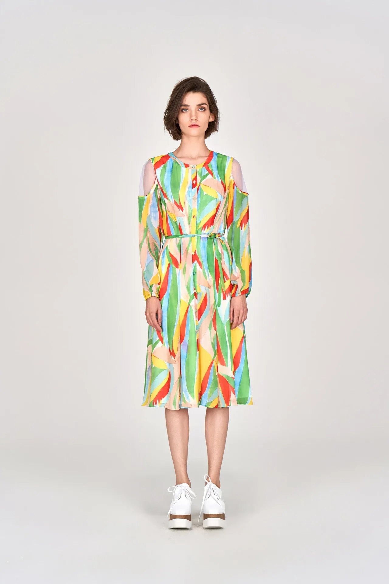 Vivid Shoulder Cut-out Chiffon Dress Sprint Fit