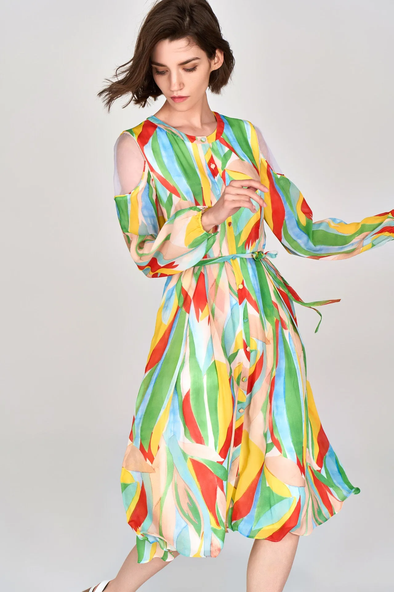 Plane Mood Vivid Shoulder Cut-out Chiffon Dress