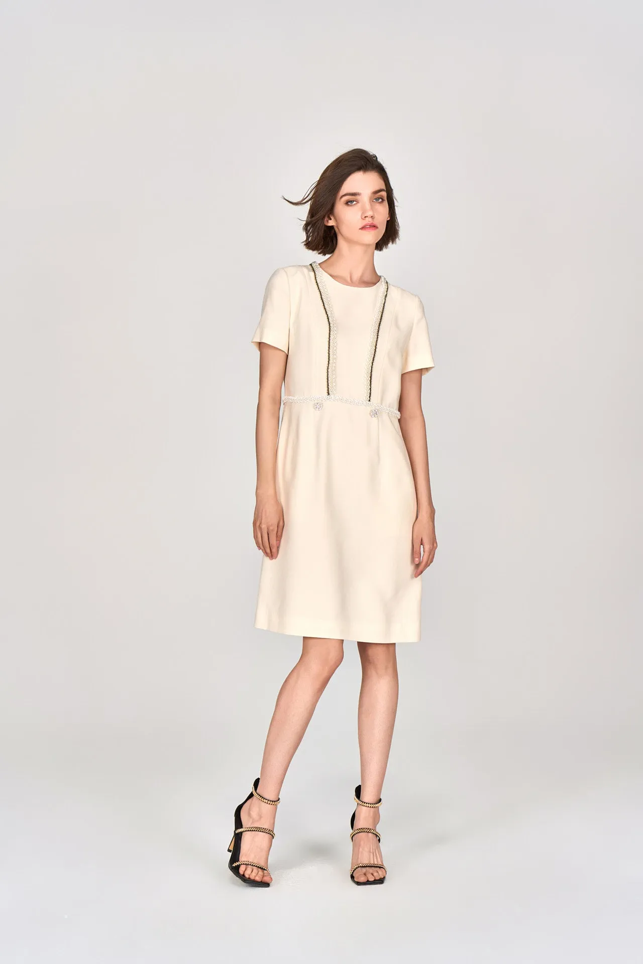 Creative Glow MultiPanelCut Custard Beaded Crepe Midi Dress