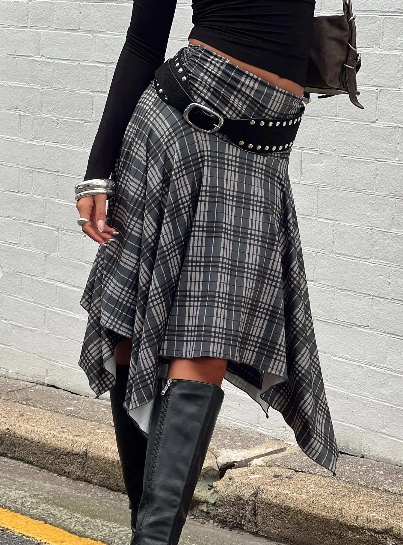Scholar Asymmetrical Midi Skirt Grey Check Stretch Fabric button detail