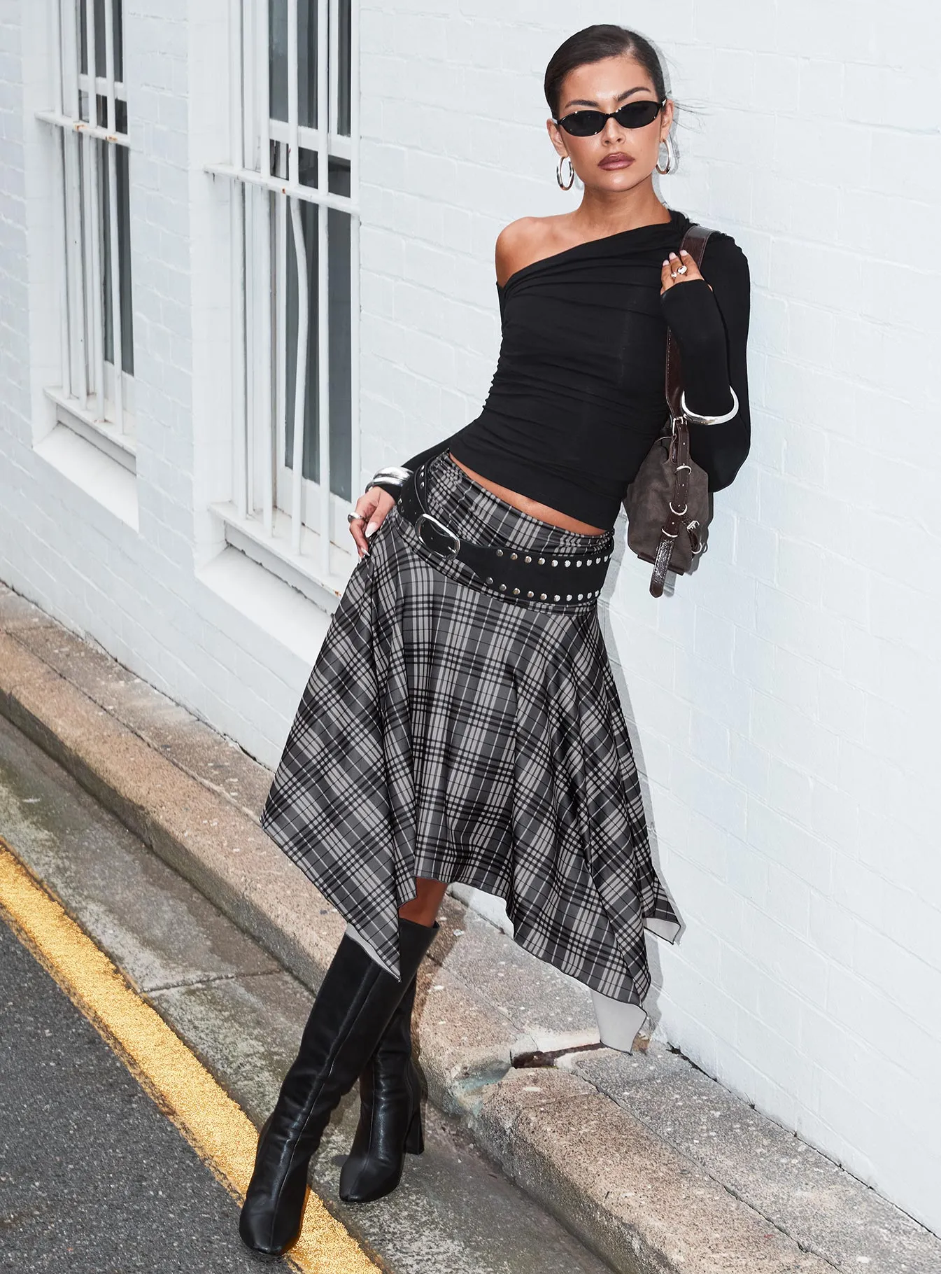 Comfy Look Scholar Asymmetrical Midi Skirt Grey Check