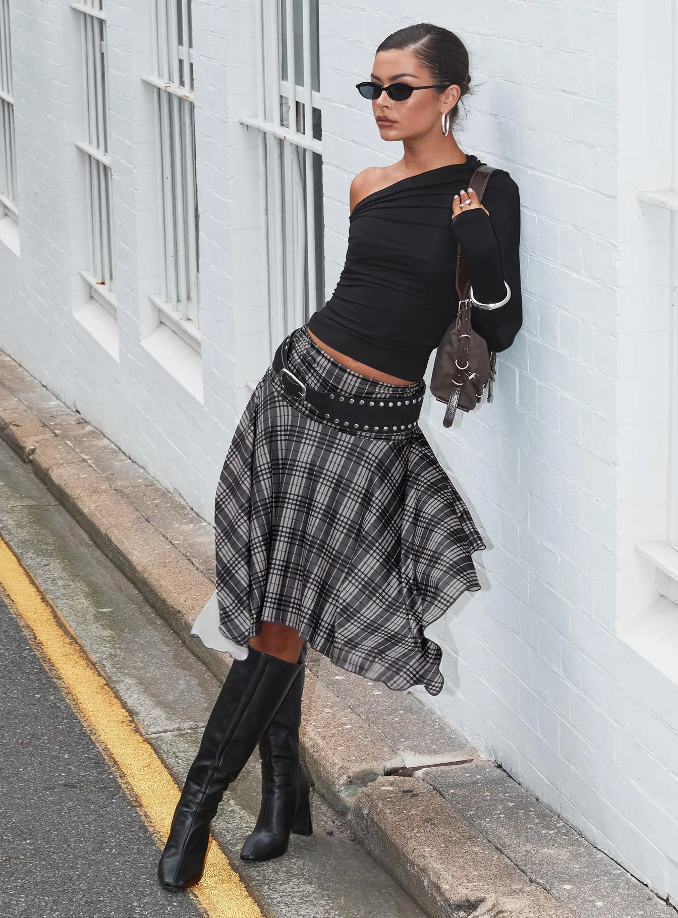 Linen Cotton Mix Layered Hem Scholar Asymmetrical Midi Skirt Grey Check