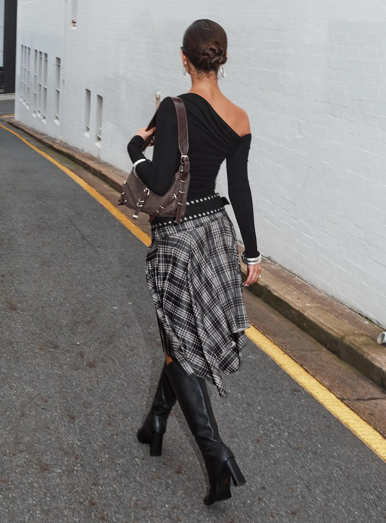 Scholar Asymmetrical Midi Skirt Grey Check Wrinkle Resistant Finish Runway Inspired