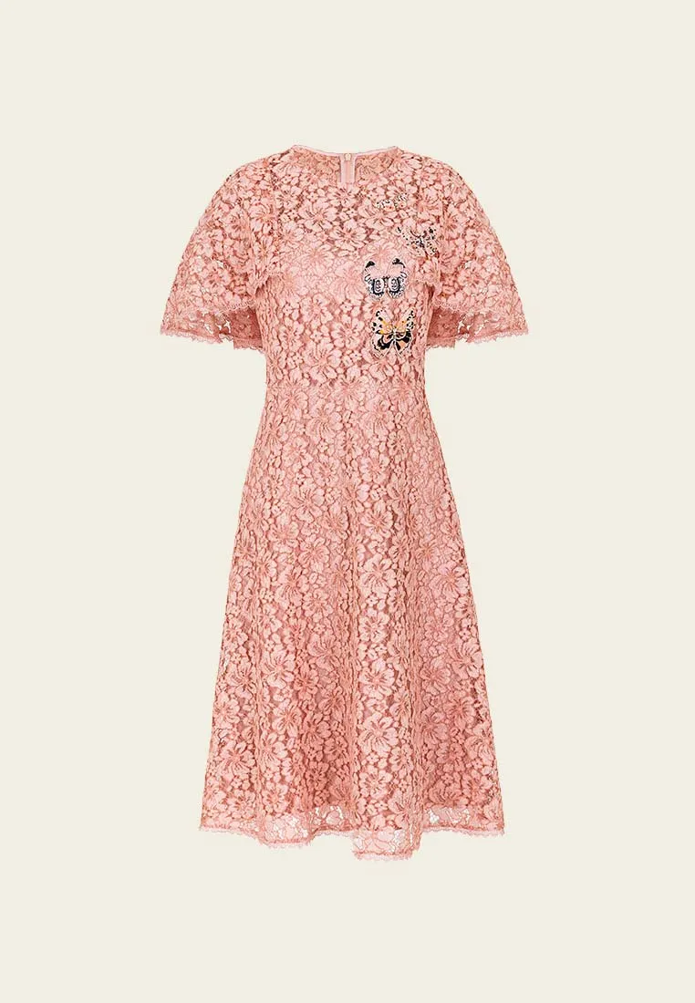 EasyAdjustStraps Butterfly-embroidered peach lace dress