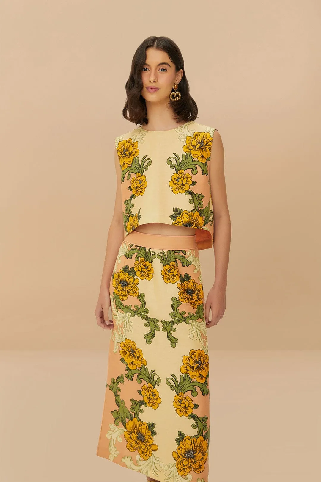 Pink Delicate Flower Arabesques Euroflax? Premium Linen Midi Skirt Family Celebration