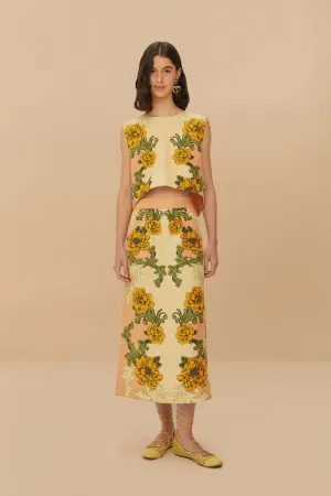 Outfit Shot Pink Delicate Flower Arabesques Euroflax? Premium Linen Midi Skirt