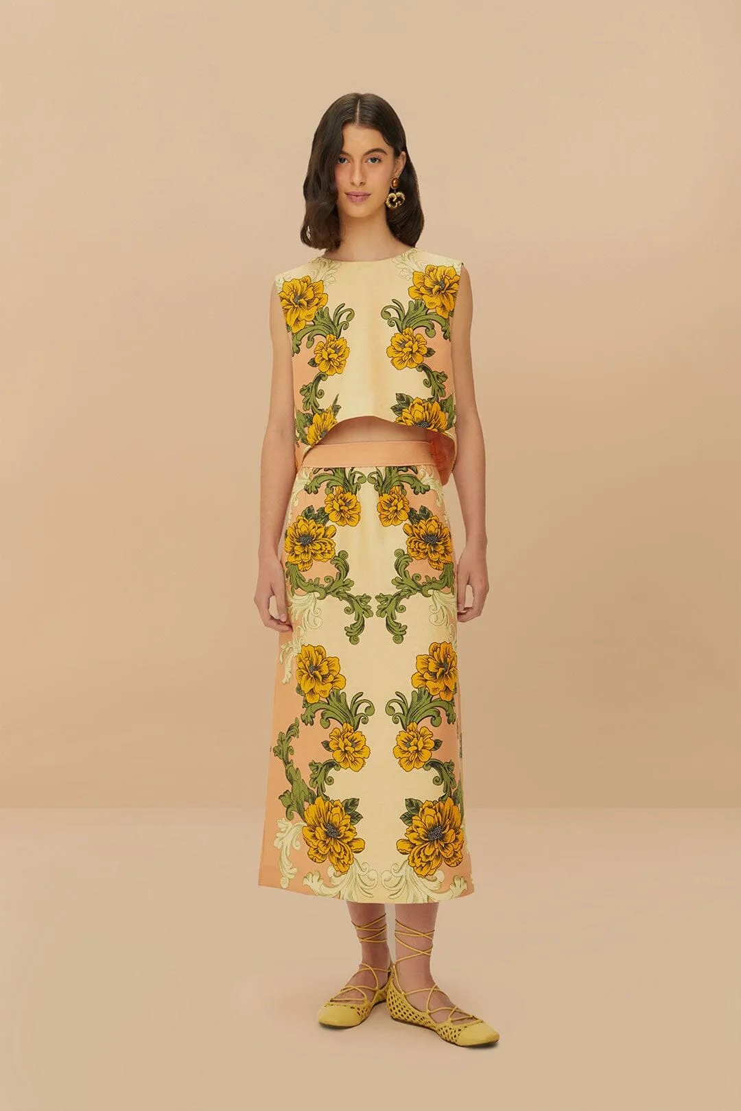 Outfit Shot Pink Delicate Flower Arabesques Euroflax? Premium Linen Midi Skirt
