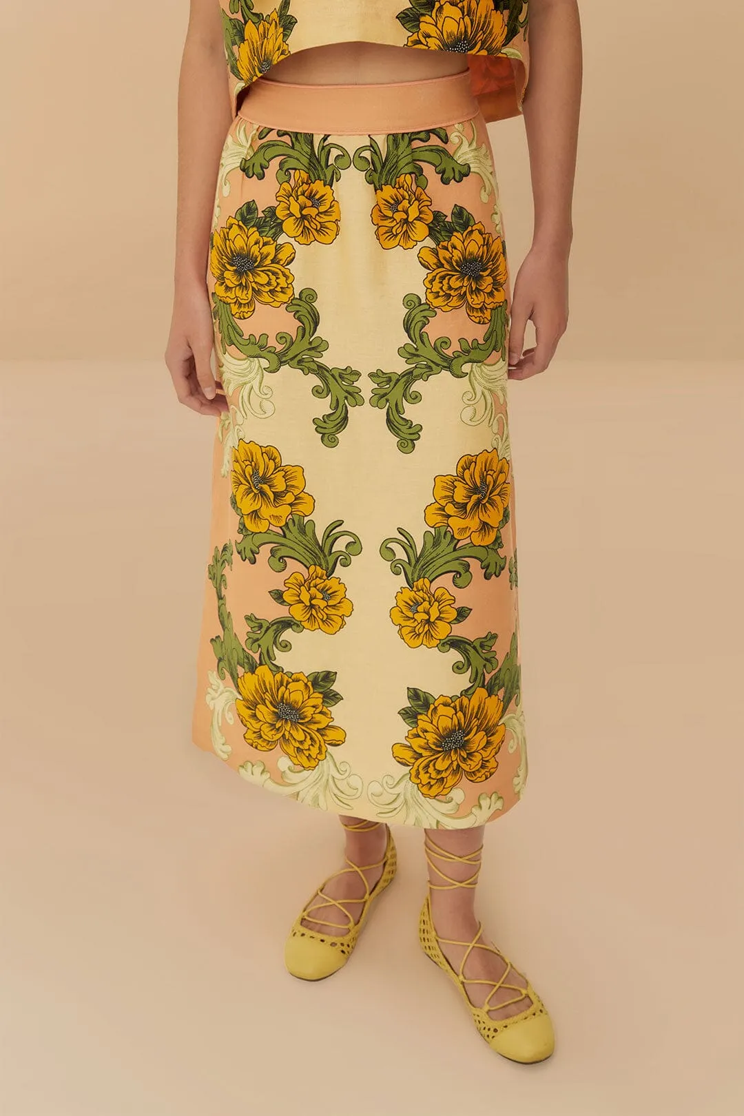 Erasable Crease Pink Delicate Flower Arabesques Euroflax? Premium Linen Midi Skirt