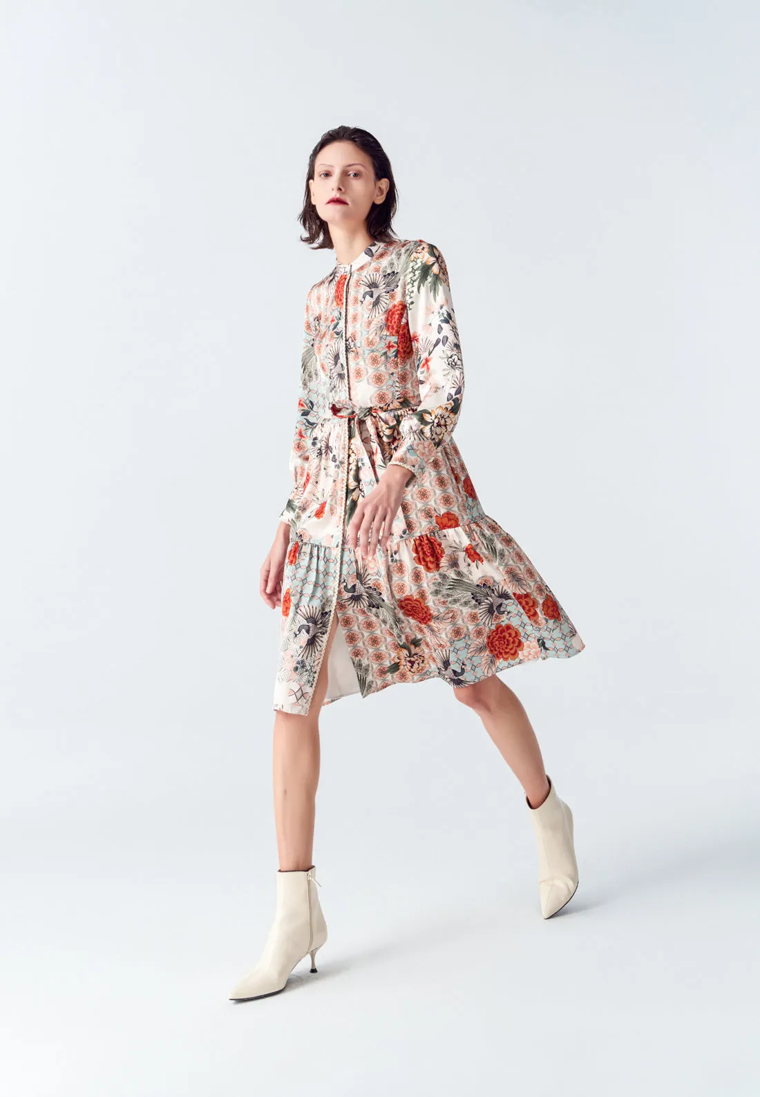Satin Floral Print Stand Collar Shirt Dress StaticFree Lining Rustic Ease