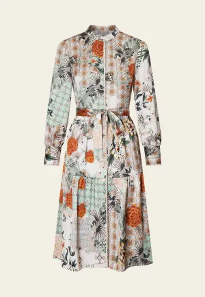 RecycledPolyester Design Glow Satin Floral Print Stand Collar Shirt Dress
