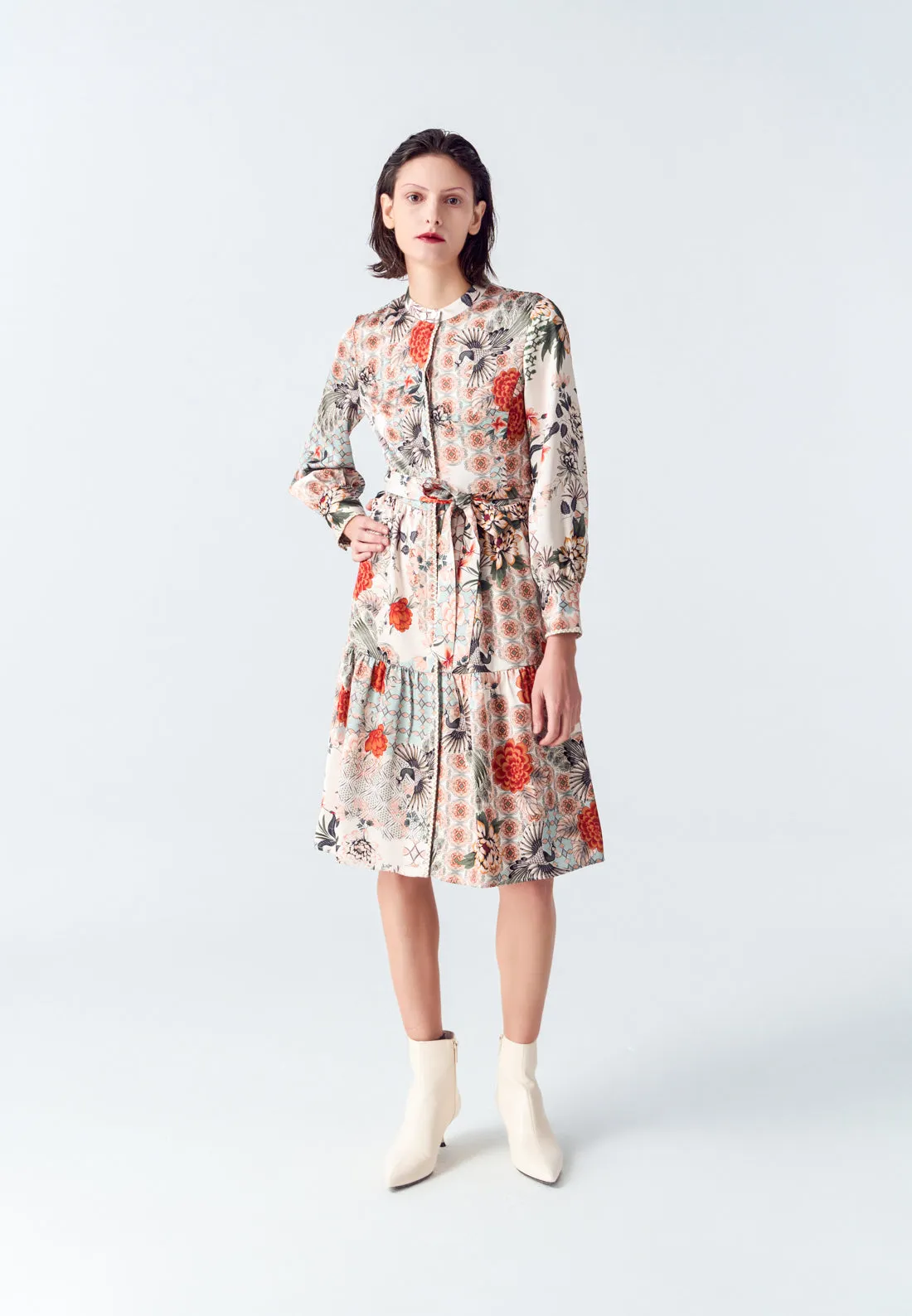 Fresh Ease MatteFinishTexture Satin Floral Print Stand Collar Shirt Dress