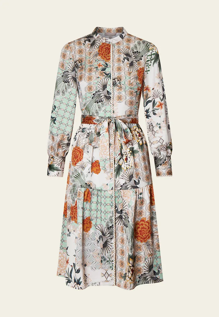 RecycledPolyester Design Glow Satin Floral Print Stand Collar Shirt Dress