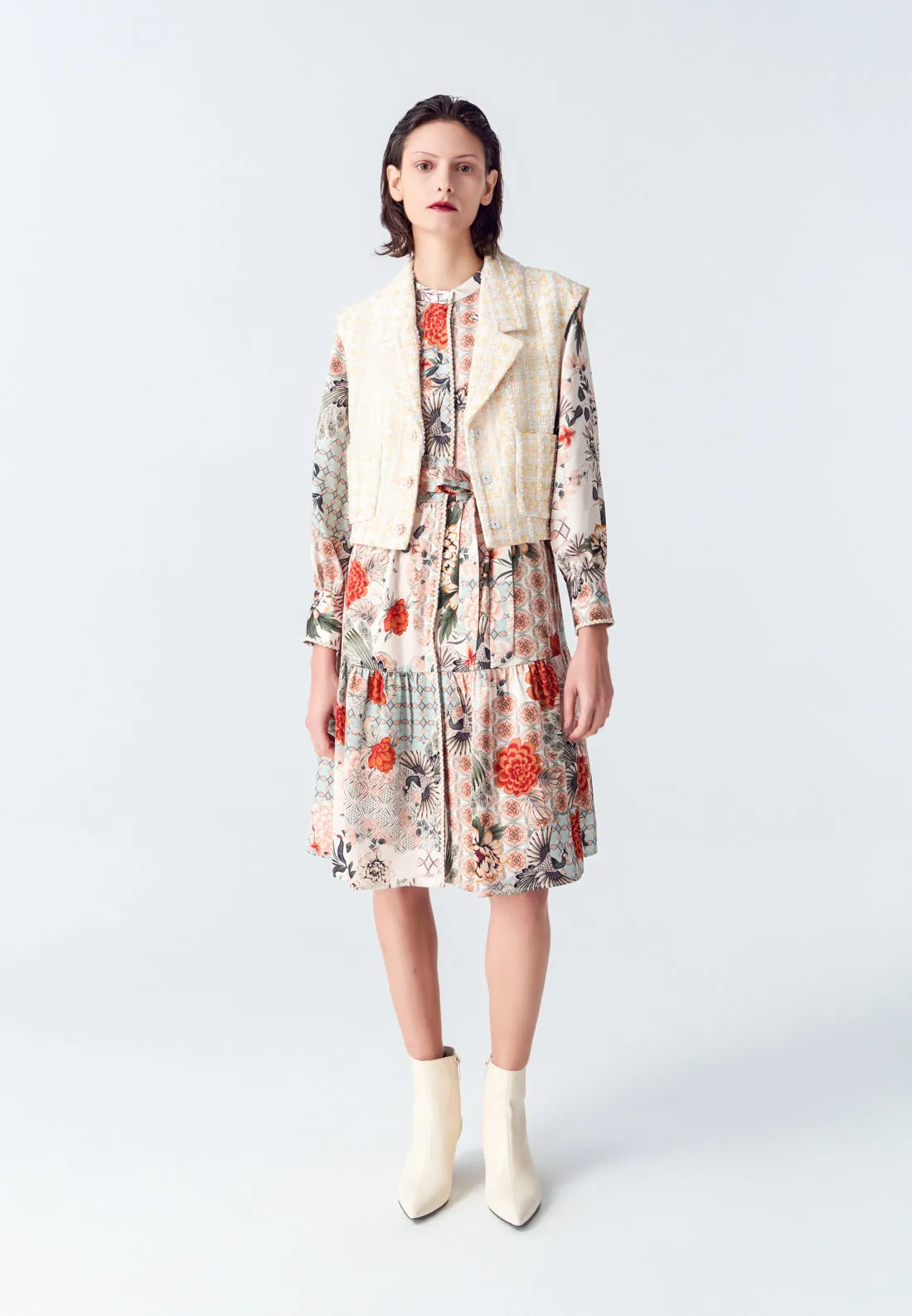 Satin Floral Print Stand Collar Shirt Dress Wild Mood Flexible Material